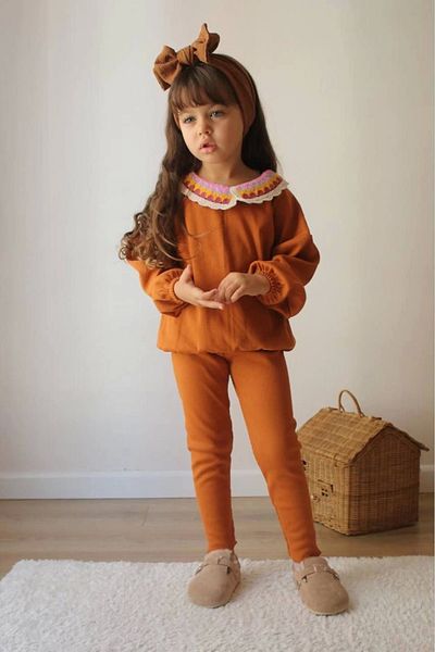 Kidmark Çocuk Modası Girl's Collar Detailed Brown Tights Set
