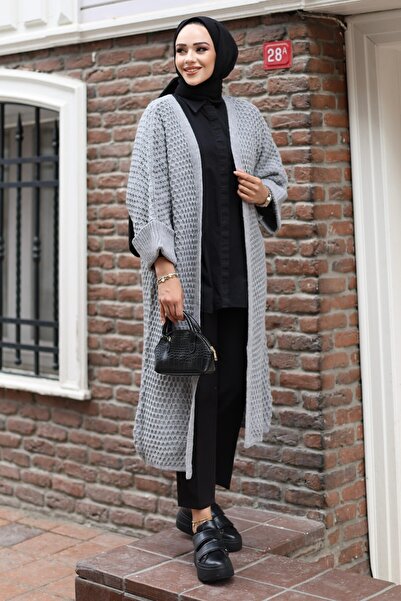 QUMET Gray Honeycomb Knit Detailed Low Sleeve Sweater Cardigan