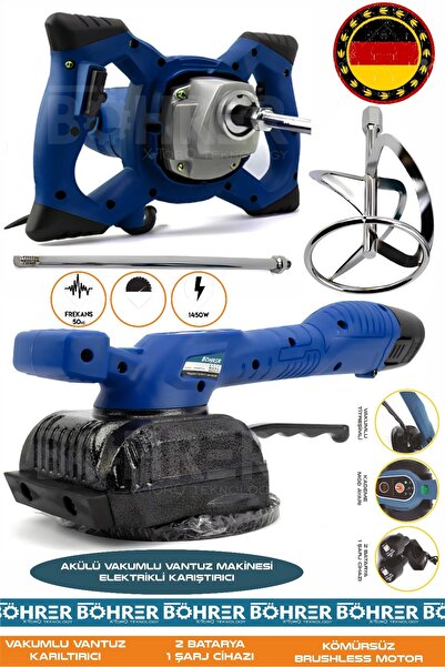 BÖHRER Alman Akülü Vantuz Fayans Makinesi ve Elektrikli 3200W Mavi Boya Harç Karıştırıcı 2'Li Kombo Set