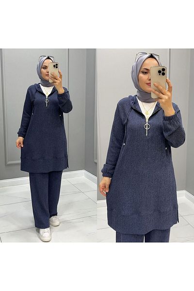 ERVA Women's Hijab Suit Winter Twill Fabric Hooded Double Set