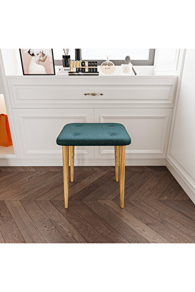 WOOVEN DESIGN Keten Kumaş Gürgen Ahşap Ayaklı, Puf Tabure Makyaj Masası Sanda...