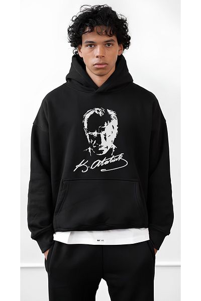 Edizen Hanorac cu glugă supradimensionat unisex negru Atatürk 2024 - 100% bumbac