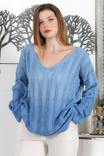Chiccy Pulover de tricotaj casual albastru cu decolteu în V cu mânecă lungă