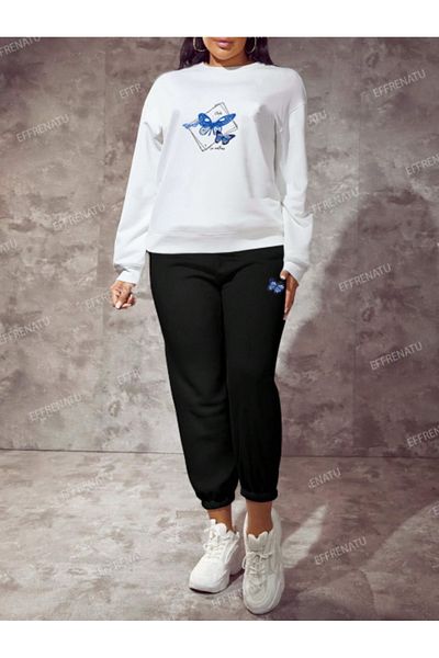 EFFRENATU Γυναικεία φόρμα Oversize Crew Neck Σετ Χειμερινή Βαμβακερή επένδυση με υπέροχες στάμπες