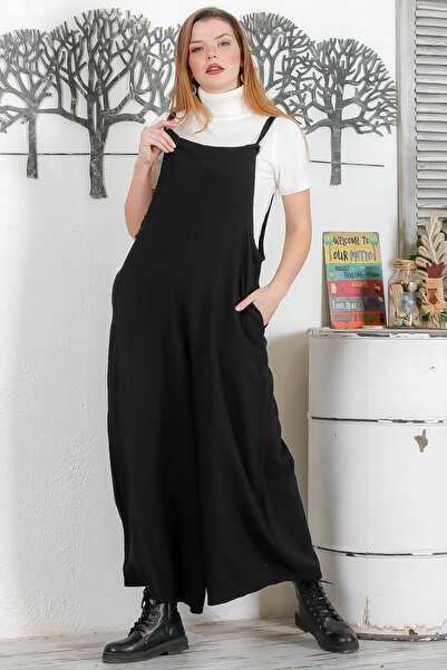 Chiccy Black Strap Tied Double Pocket Washable Wide Leg Casual Loose Woven Jumpsuit