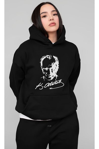 Edizen Hanorac cu glugă supradimensionat unisex negru Atatürk 2024 - 100% bumbac