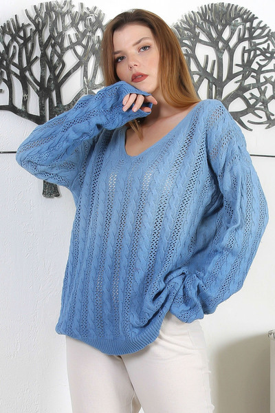Chiccy Pulover de tricotaj casual albastru cu decolteu în V cu mânecă lungă