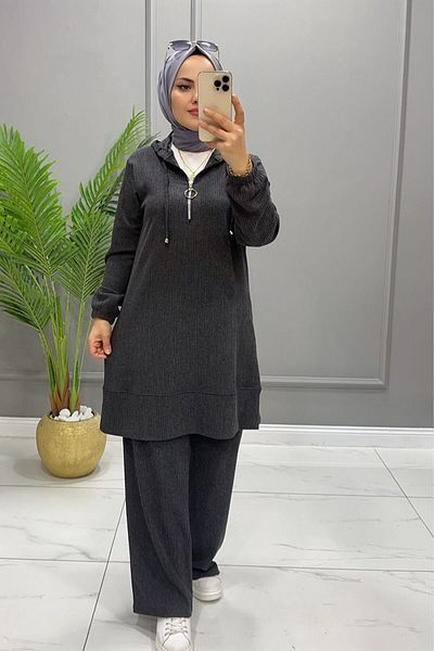 ERVA طقم حجاب نسائي شتوي من القماش الملتوي مع غطاء للرأس مكون من قطعتين