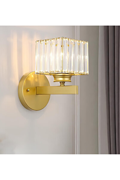 burenze Modern Kare Kristal Taşlı Pilli Aplik Kablosuz Tak Çalıştır Duvar Apliği Eskitme Gold Sarı