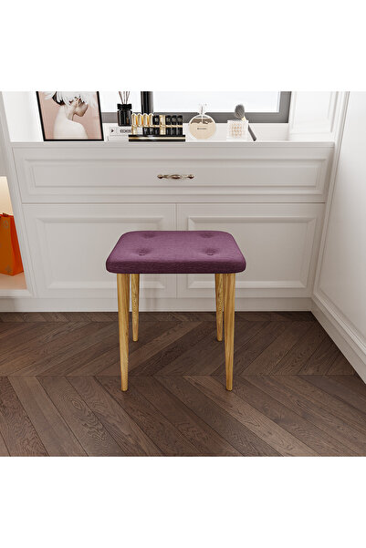 WOOVEN DESIGN Keten Kumaş Gürgen Ahşap Ayaklı, Puf Tabure Makyaj Masası Sandalyesi Kare Tabure, Puf Bench (MÜRDÜM)