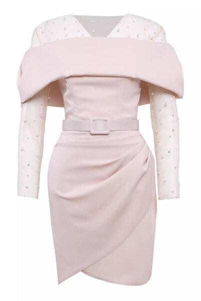 Keikei Bej krep kolsuz kısa elbise