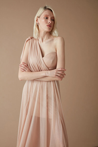 Keikei Altın Tül Tek Kol Uzun Elbise