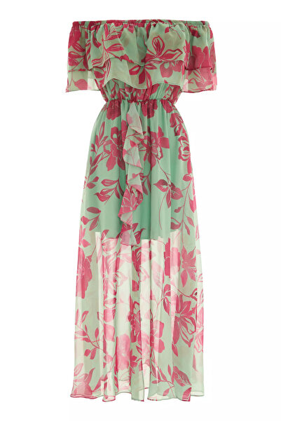 Keikei Desenli sifon kısa kol uzun elbise