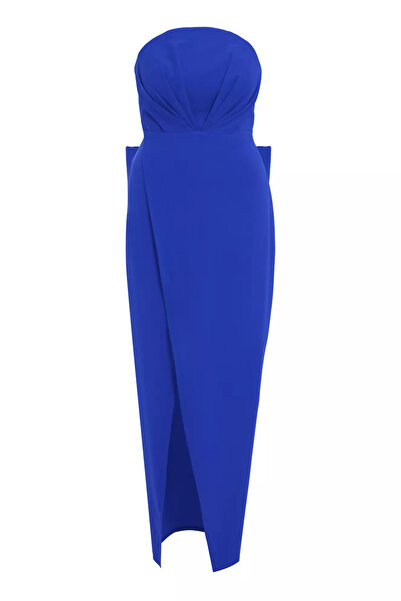 Keikei Saks mavisi büyük beden krep kolsuz uzun elbise