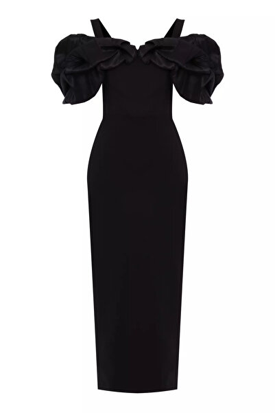 Keikei Siyah krep kolsuz uzun elbise