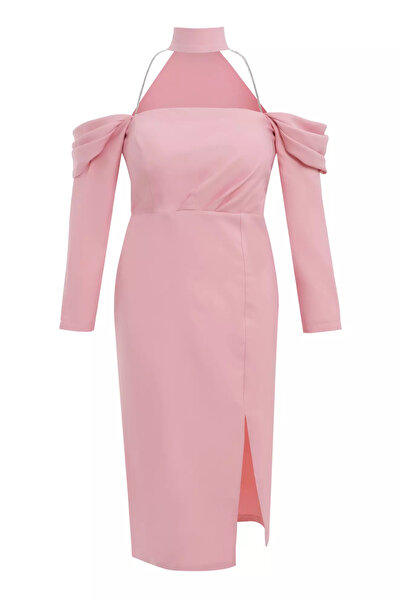 Keikei Pudra büyük beden krep uzun kol orta boy elbise