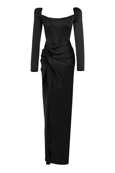 Keikei Long Black Satin Sleeve Dress