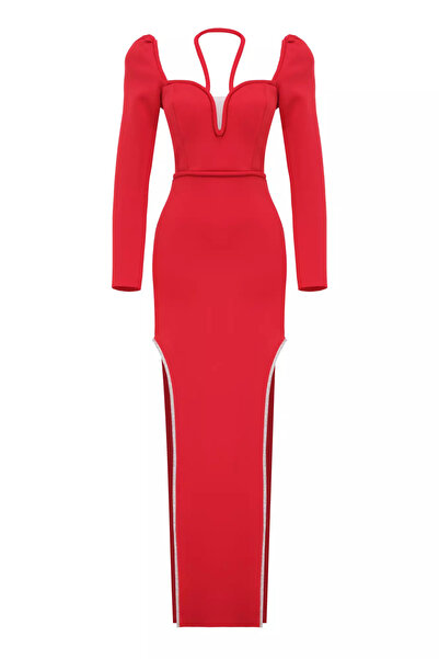 Keikei Kırmızı dalgic uzun kol uzun elbise
