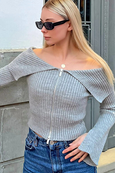 MissKybele Kayık Devrik Yakalı Uzun İspanyol Kollu Önden Çift Yön Fermuarlı E...