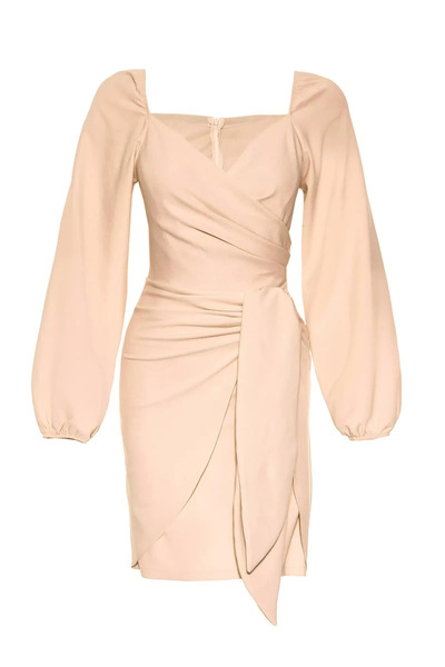 Keikei Bej krep uzun kol kısa elbise