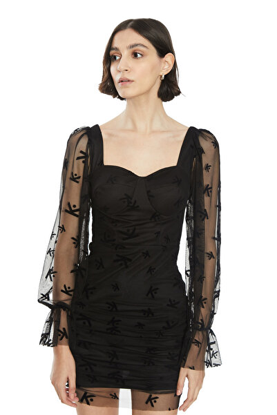 Keikei Desenli tül uzun kol kısa elbise