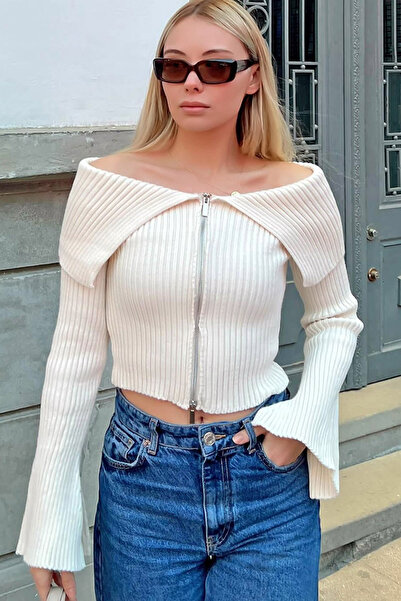 MissKybele Kayık Devrik Yakalı Uzun İspanyol Kollu Önden Çift Yön Fermuarlı E...