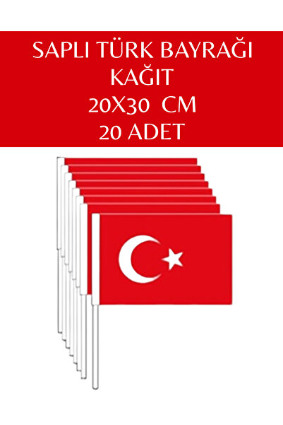 SEYFİKİRTASİYE BÜYÜK Boy 20 Adet Çubuklu Kağıt Türk Bayrağı Çıtalı Sopalı Sap...