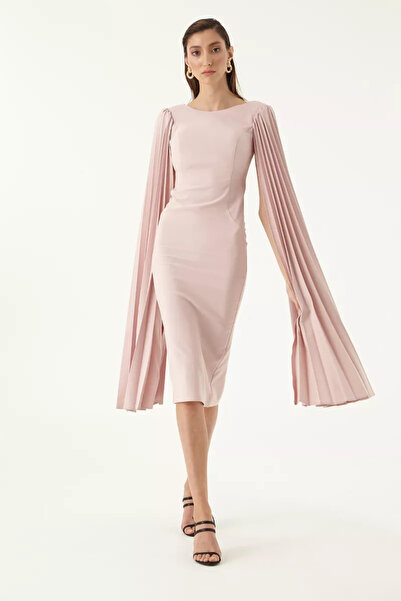 Keikei Pudra Krep Uzun Kol Orta Boy Elbise