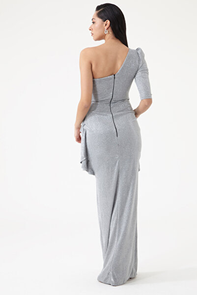 Keikei Gümüş Parıltı Tek Kol Uzun Elbise