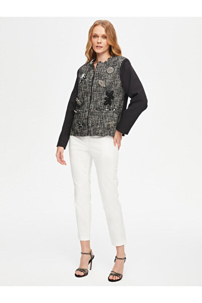 Faik Sönmez Woven Garnished Tweed Jacket with Stone Brooch Accessory on the Front 69201