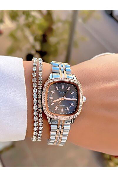 Ferrucci ساعة يد نسائية وسوار من ميلانو ستيل كوردون + علبة مربعة هدية مقاومة ...