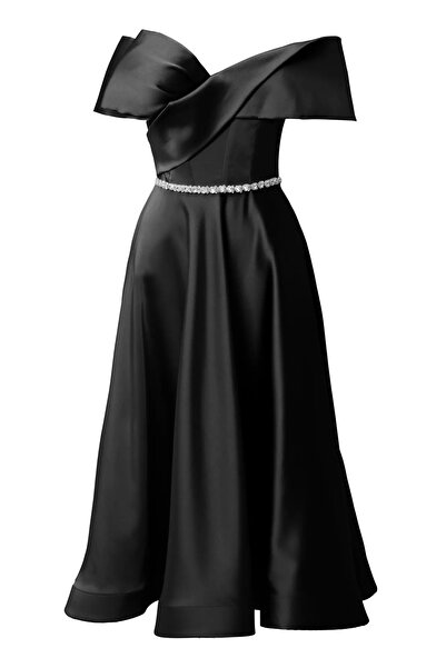 Keikei Siyah saten kolsuz uzun elbise