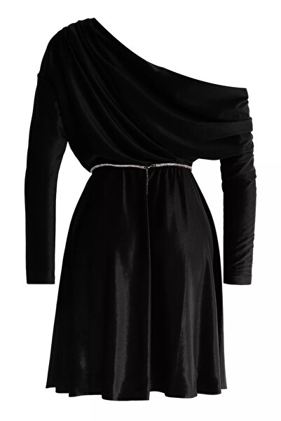 Keikei Siyah kadife uzun kol kısa elbise