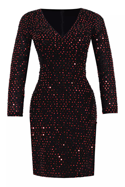 Keikei Kırmızı pul payet uzun kol kısa elbise