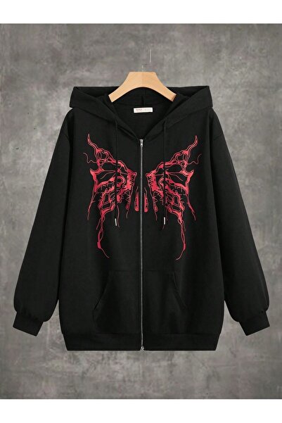 modaberry سويت شيرت بتصميم فراشة حمراء بسحاب - سترة شتوية مطبوعة سوداء كبيرة ...