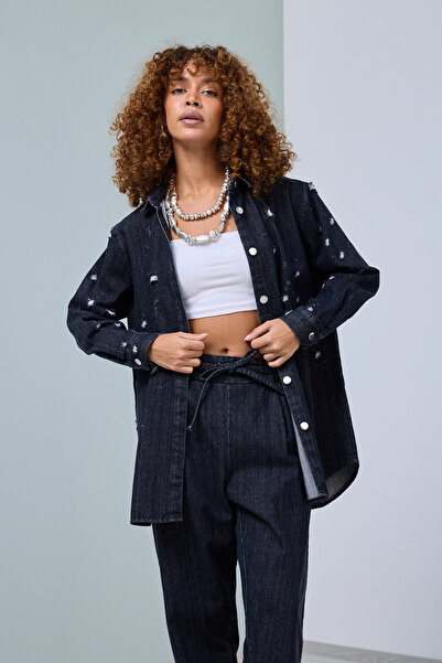 MİA NOURA ЖІНОЧИЙ ДЖИНСОВИЙ СМУГАСТИЙ БРЮЧНИЙ КОСТЮМ З ЛАЗЕРНИМ ВИРІЗОМ