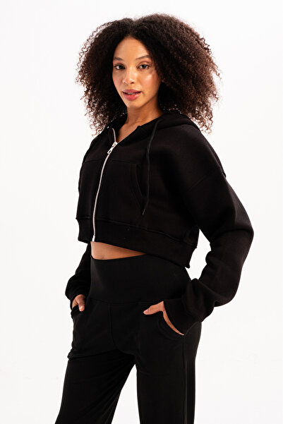 JUSTEVER Black Crop Hoodie - Women's Hooded Sweatshirt with Zipper and Kangaroo Pocket - Lumen