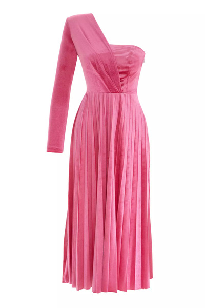 Keikei Pembe kadife tek kol uzun elbise