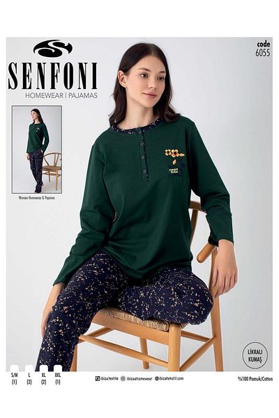 SENFONİ Symphony Women's Buttoned Collar Long Sleeve Cotton Lycra Pajama Set 6055 -1 Piece