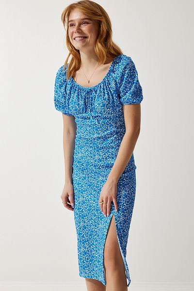 Lovelyİstanbul BLUE LCI0022 - Rochie tricotată cu imprimeu și șnur
