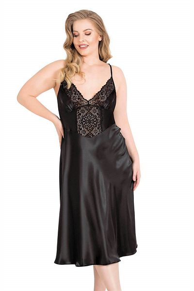 Motto10 butik Plus Size Black Long Satin Nightgown