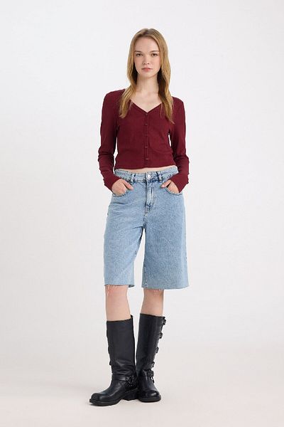 DeFacto Fitted V-Neck Basic Plain Corded Camisole Cardigan D9619Ax24Wn