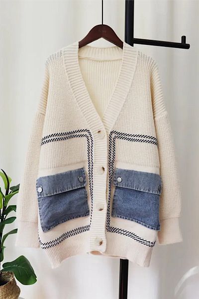 FEMELLE Cardigan de damă, cu decolteu în V, bej, mărime standard, cu buzunare, detaliat din denim