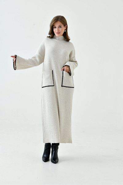 EsSo butik Women's Spanish Sleeve Shepherd Stitching Knitwear Dress Standard Size