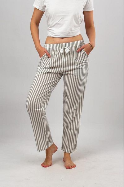 Betimoda Pantaloni de pijama pentru femei cu dungi gri din bumbac - cu buzunare și panglică elastică în talie