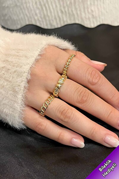 TREND COLLECTİON Zirkon Taşlı Gold Zarif Ayarlanabilir Kalp, Zincir, Yaprak T...