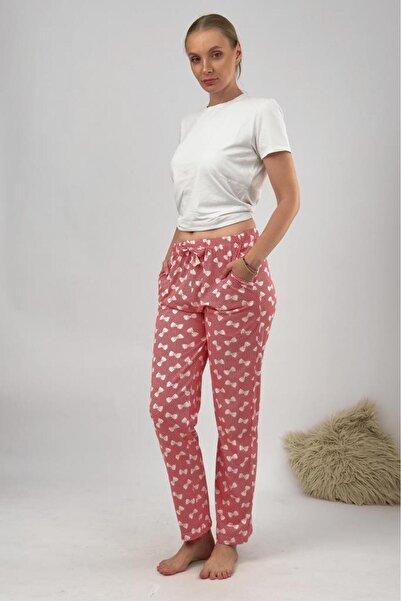 Betimoda Kadın Cepli Pamuklu Lastikli Bel Kurdeleli Desenli Pijama Altı Kırmızı Fiyonk