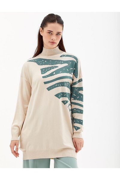 Kayra Half Turtleneck Abstract Patterned Knitwear Tunic Stone-Moss Green