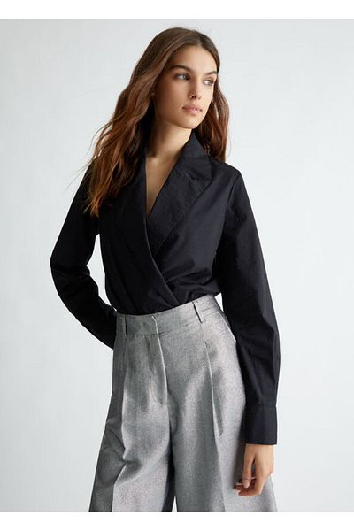 Liu Jo Women's Long Sleeve Shirt Collar Plain Black Blouse Wf4198 T3904-M9027