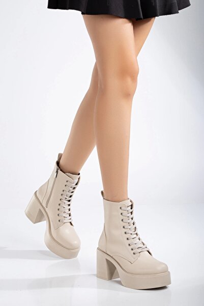 GULT БЕЖОВИ Дамски Ботуши - С Цип и Връзки